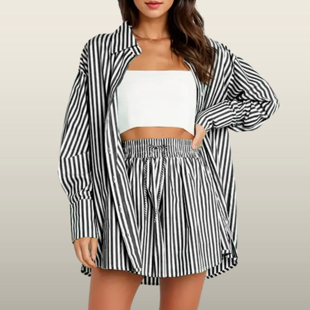 TIFY™ –  Chic Striped Collared Shirt and Wide-Leg Shorts Set