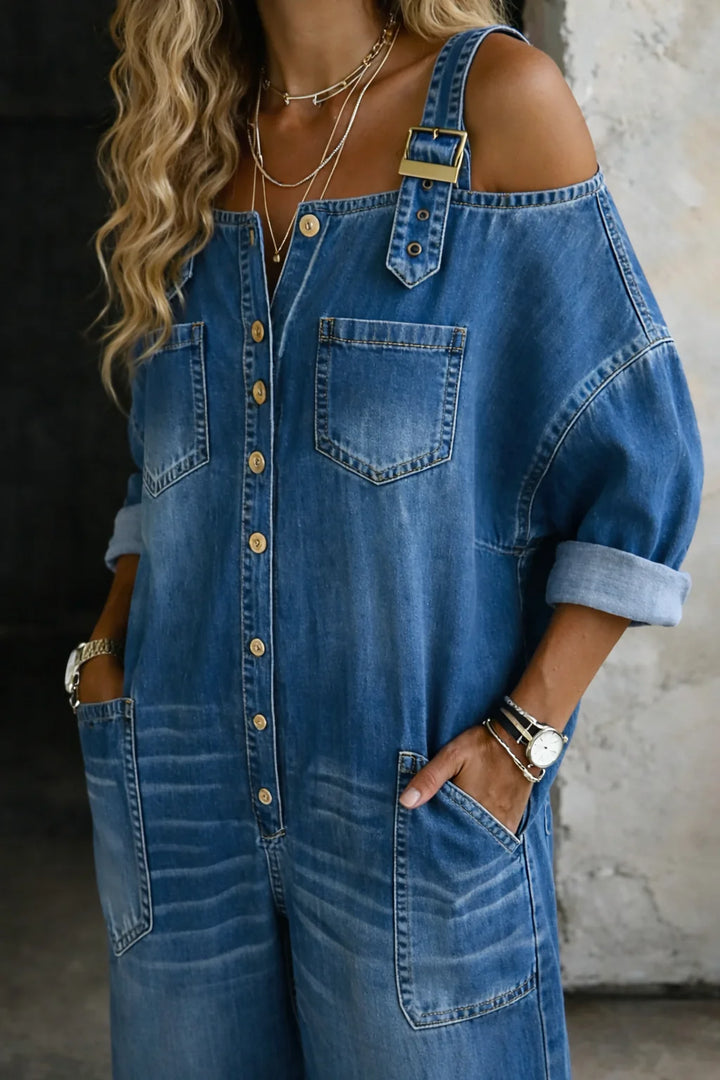 Ide | Off-Shoulder Denim Jumpsuit