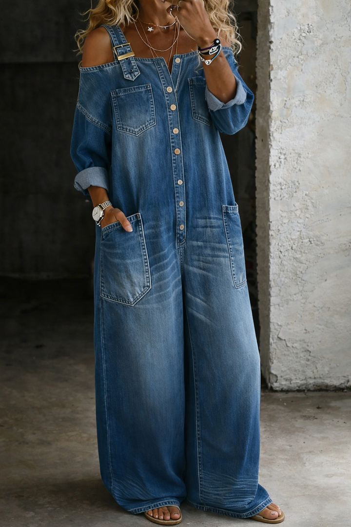 Ide | Off-Shoulder Denim Jumpsuit